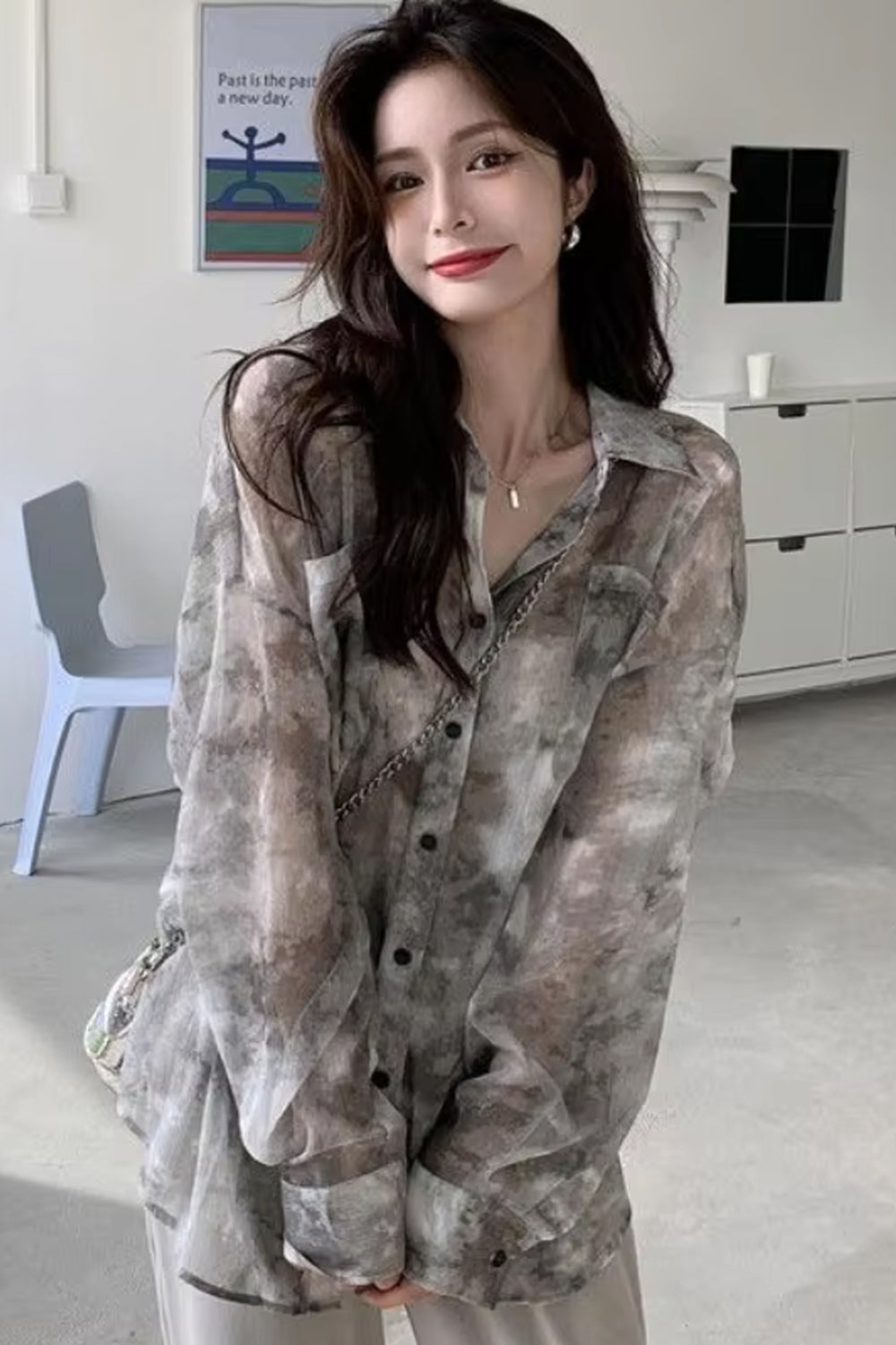 Grey Tie Dye Pattern Semi Transparent Blouse Shirt