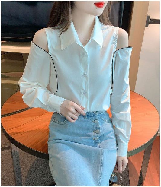 Long Sleeve Turn Down Collar Cut Shoulder Blouse Shirts