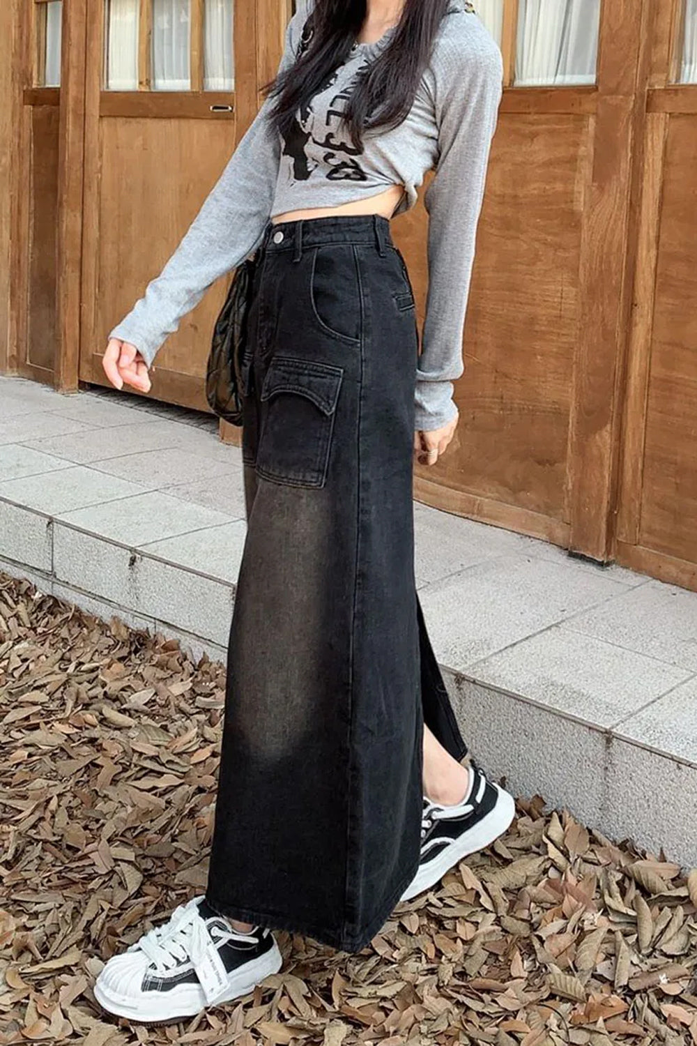 High Waist Vintage Black Denim Long Skirts