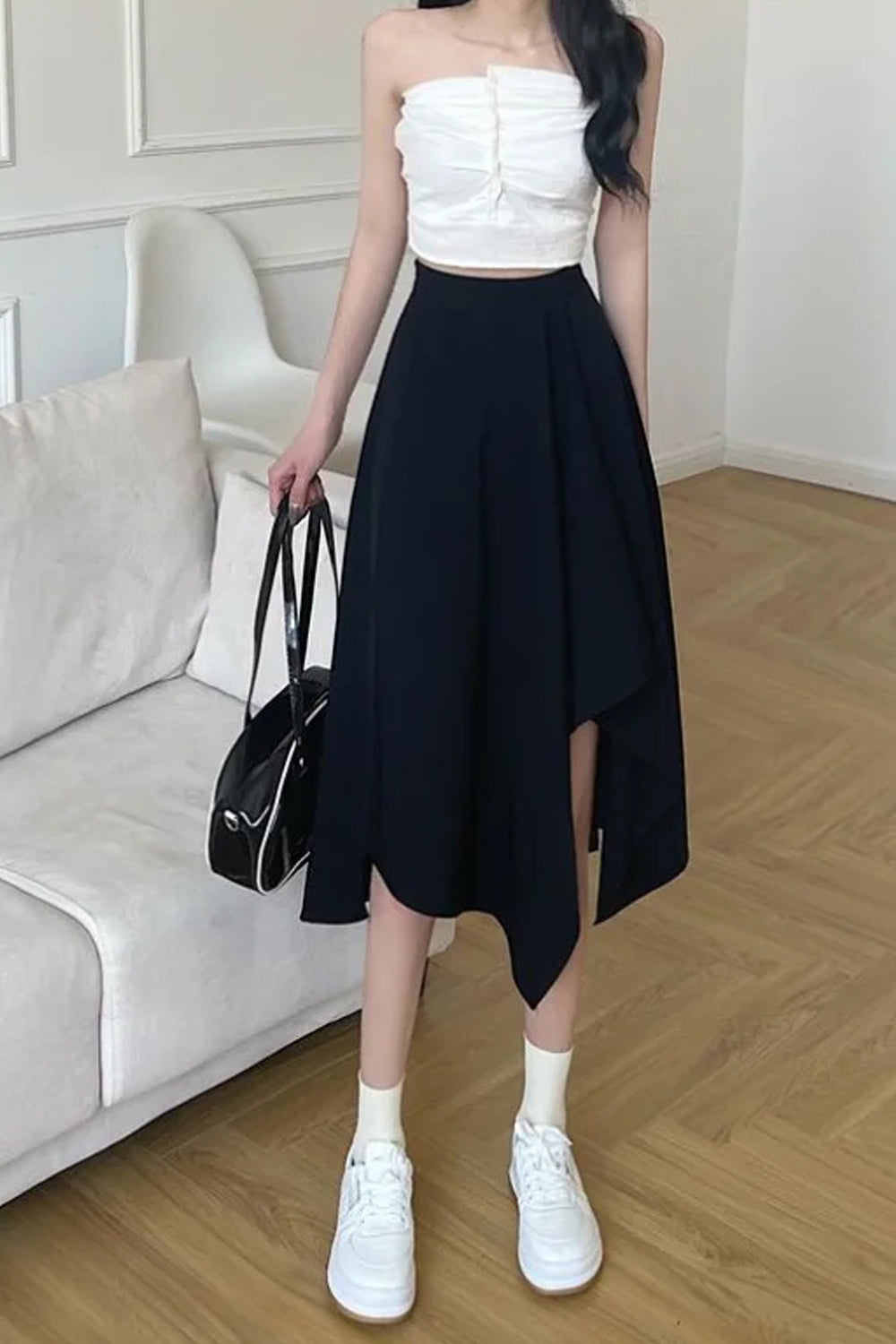 Elastic Waist Irregular Mid Length Skirts