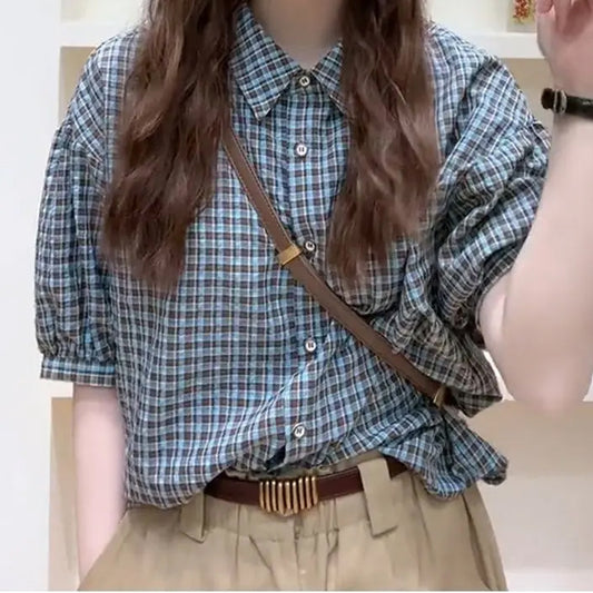 Short Sleeve Casual Blue Plaid Blouse Shirt