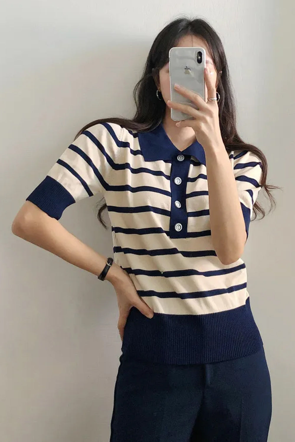 Turn Down Collar Knitted Striped Shirts