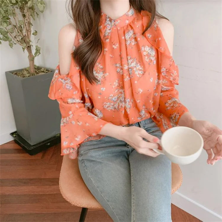 Sexy Ruffle Off Shoulder Flowers Pattern Blouse Shirts