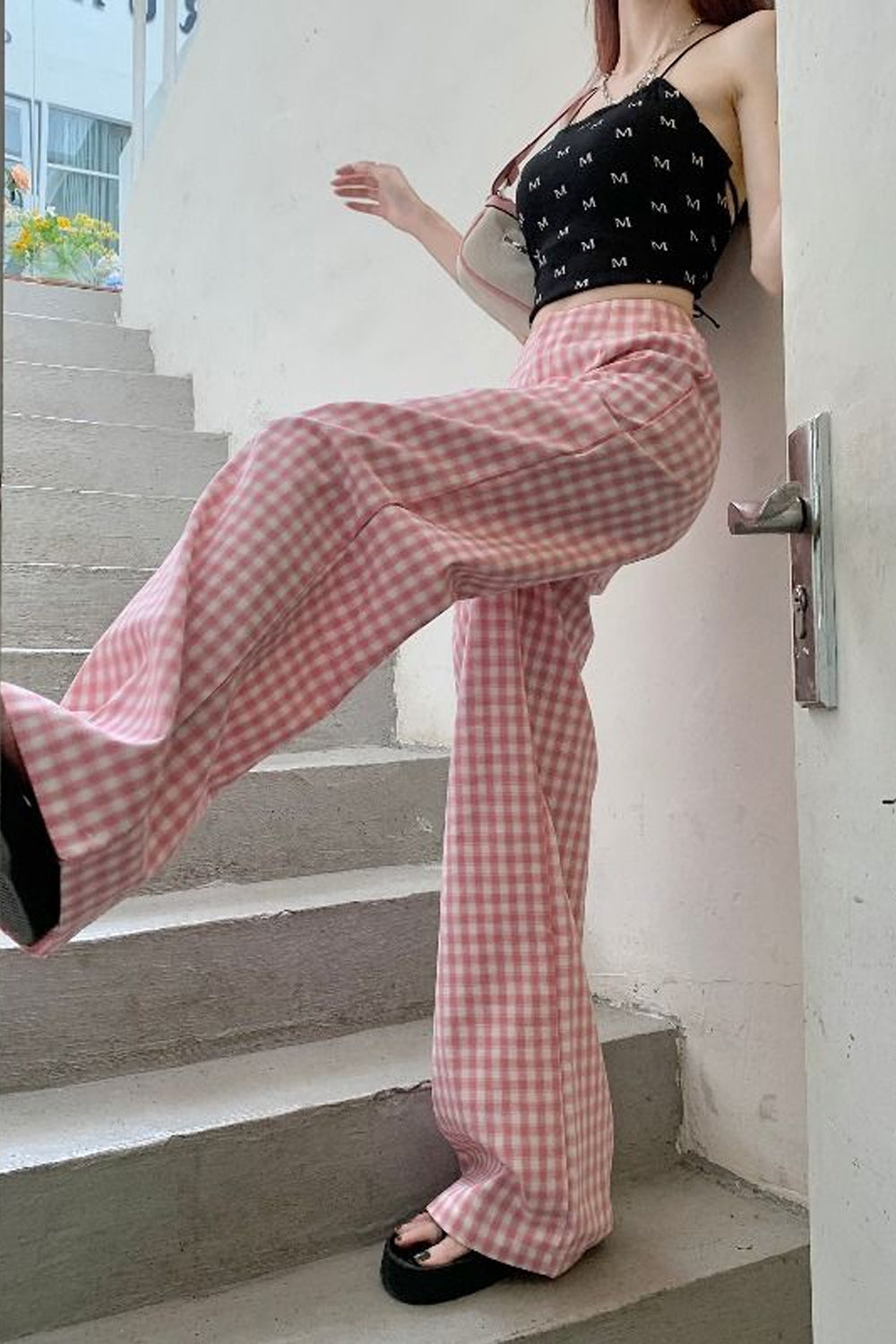 Loose Elegant Pink Plaid Pants