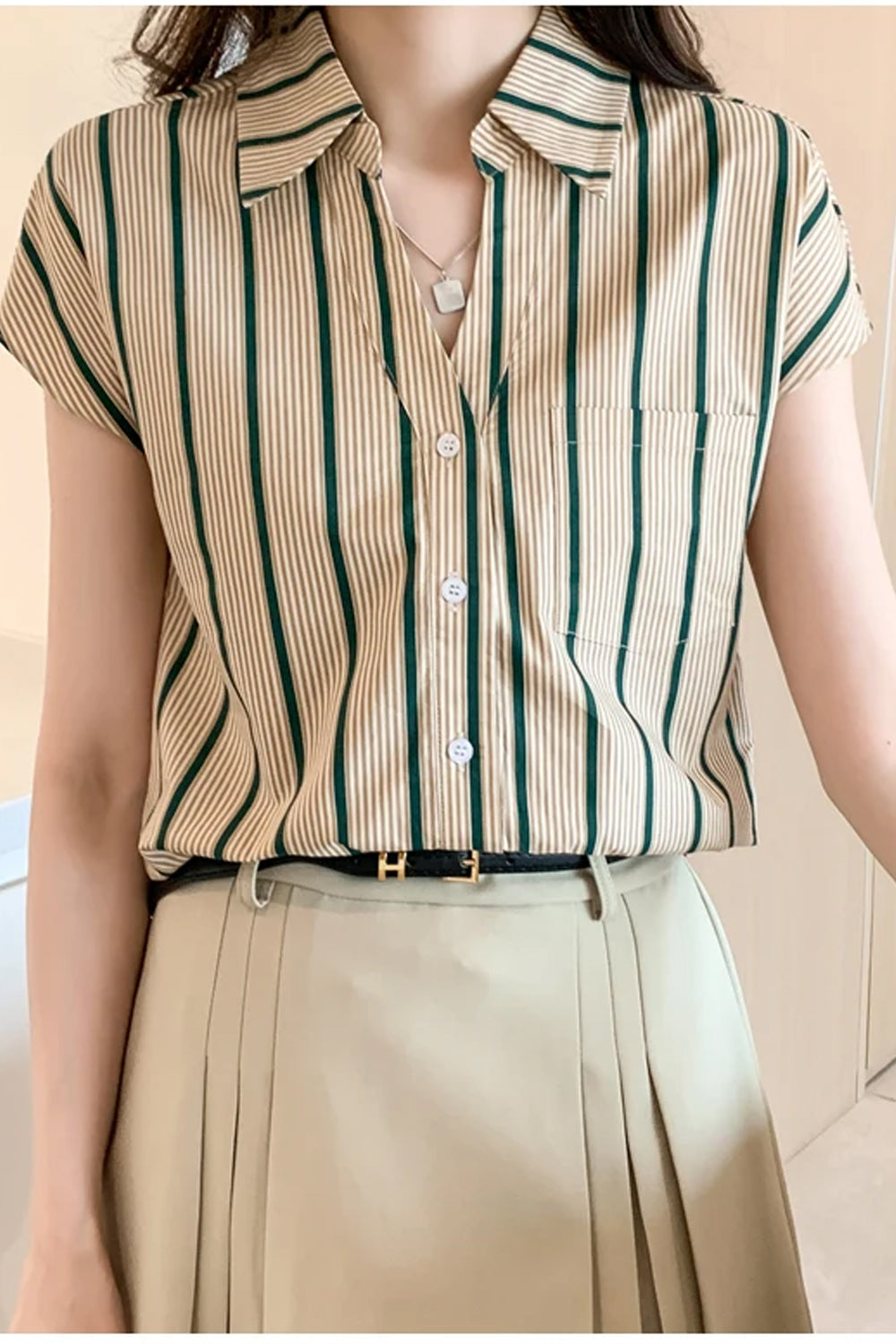 Striped Pattern Sleeveless Office Blouse Shirt