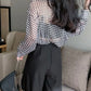 Long Sleeve Houndstooth Pattern Semi Transparent Shirts