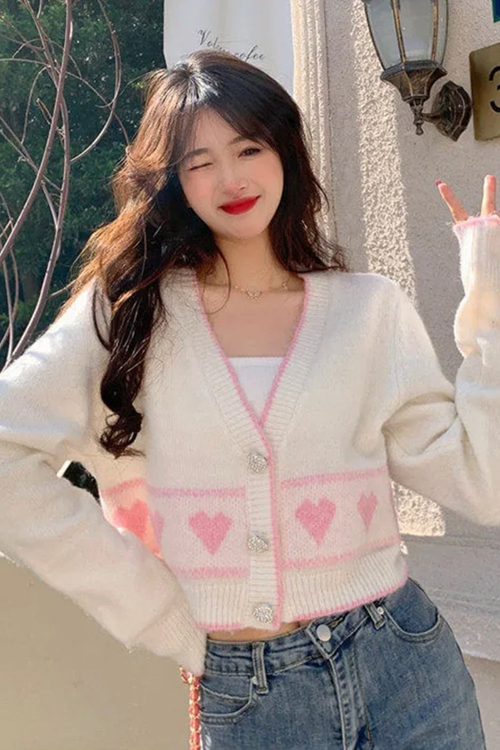 V-Neck Sweet Heart Printed Thin Sweater
