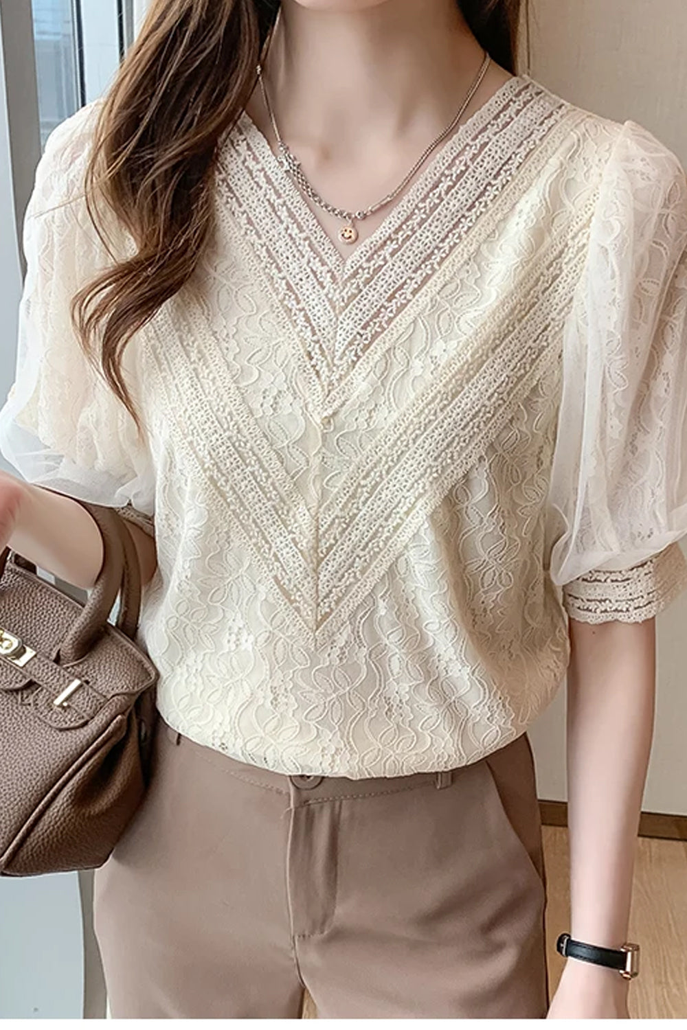 Short Sleeve V-Neck Lace Apricot Blouse Shirt