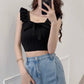 Square Neck Bow Tie Knitted Crop Tops