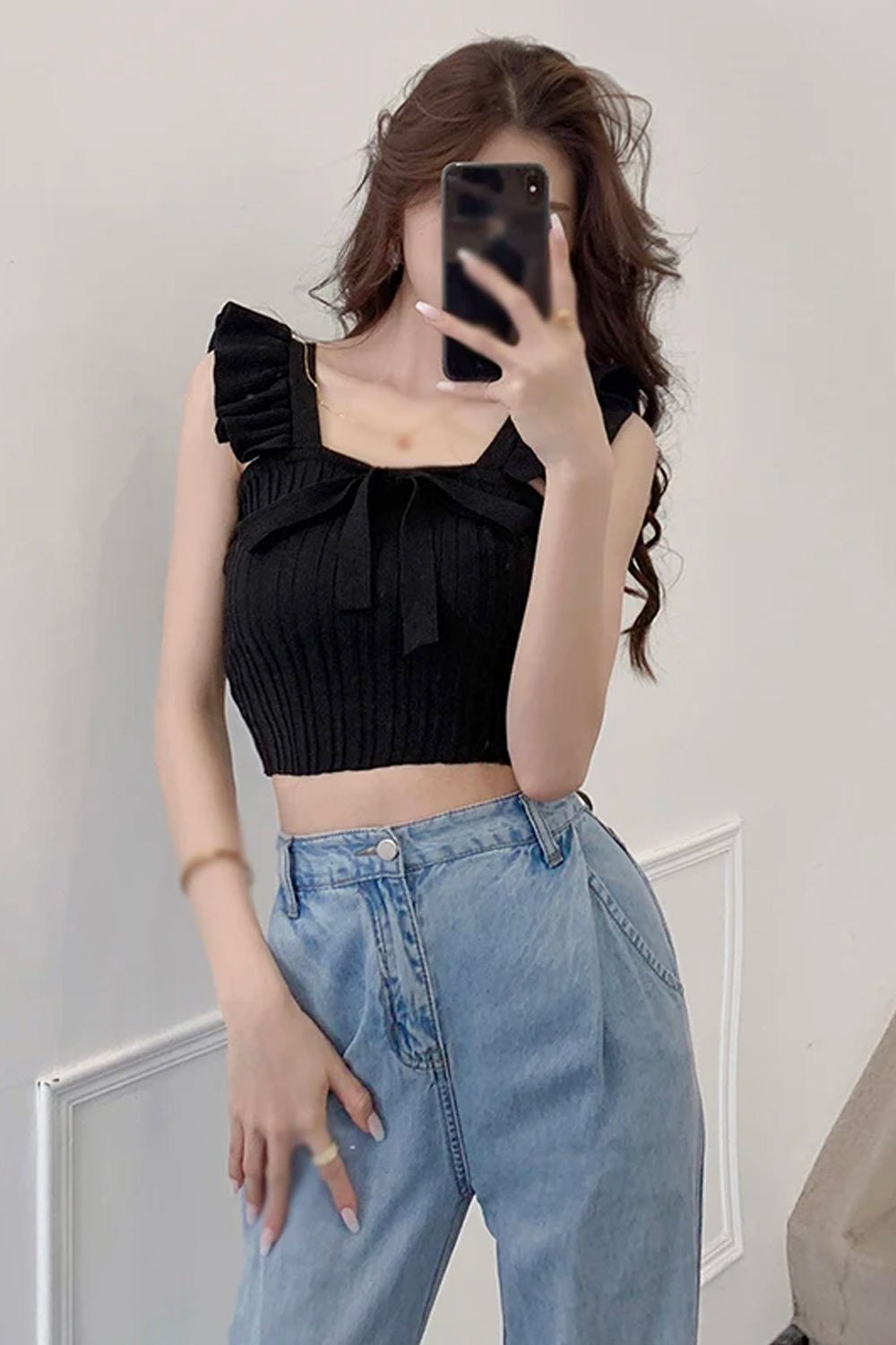 Square Neck Bow Tie Knitted Crop Tops