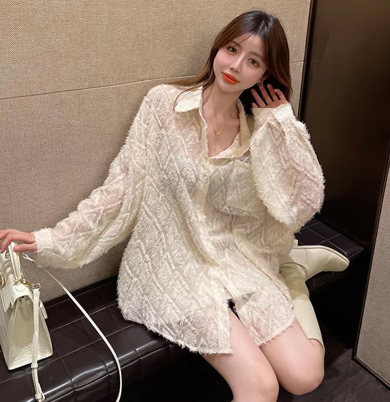 Loose Semi Transparent Lace Tassel Blouse Shirt