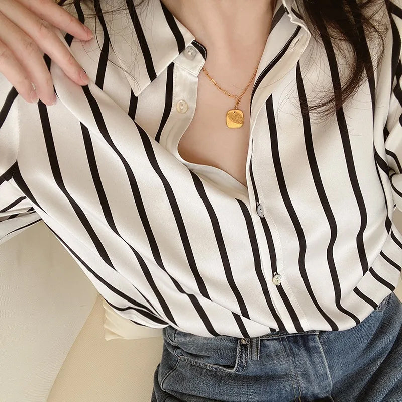 Long Sleeve Retro Black White Striped Blouse Shirts