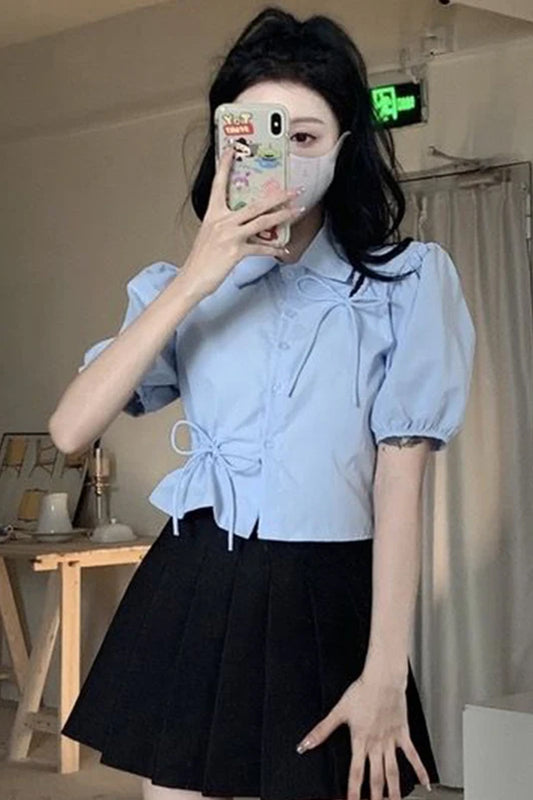 Puff Sleeve Bow Tie Cropped Shirt