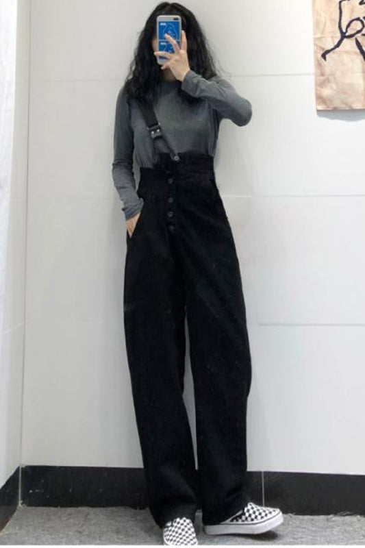 Loose One Shoulder Black Denim Jumpsuits