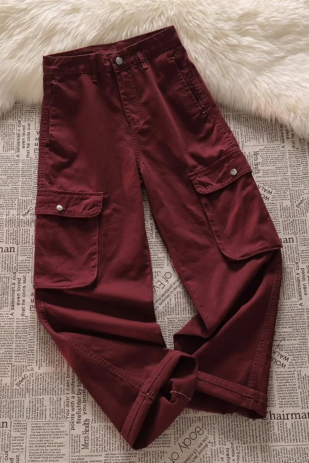 High Waist Cargo Pockets Red Jeans Pants