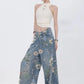 Loose Wide Leg Flowers Pattern Jeans Pants