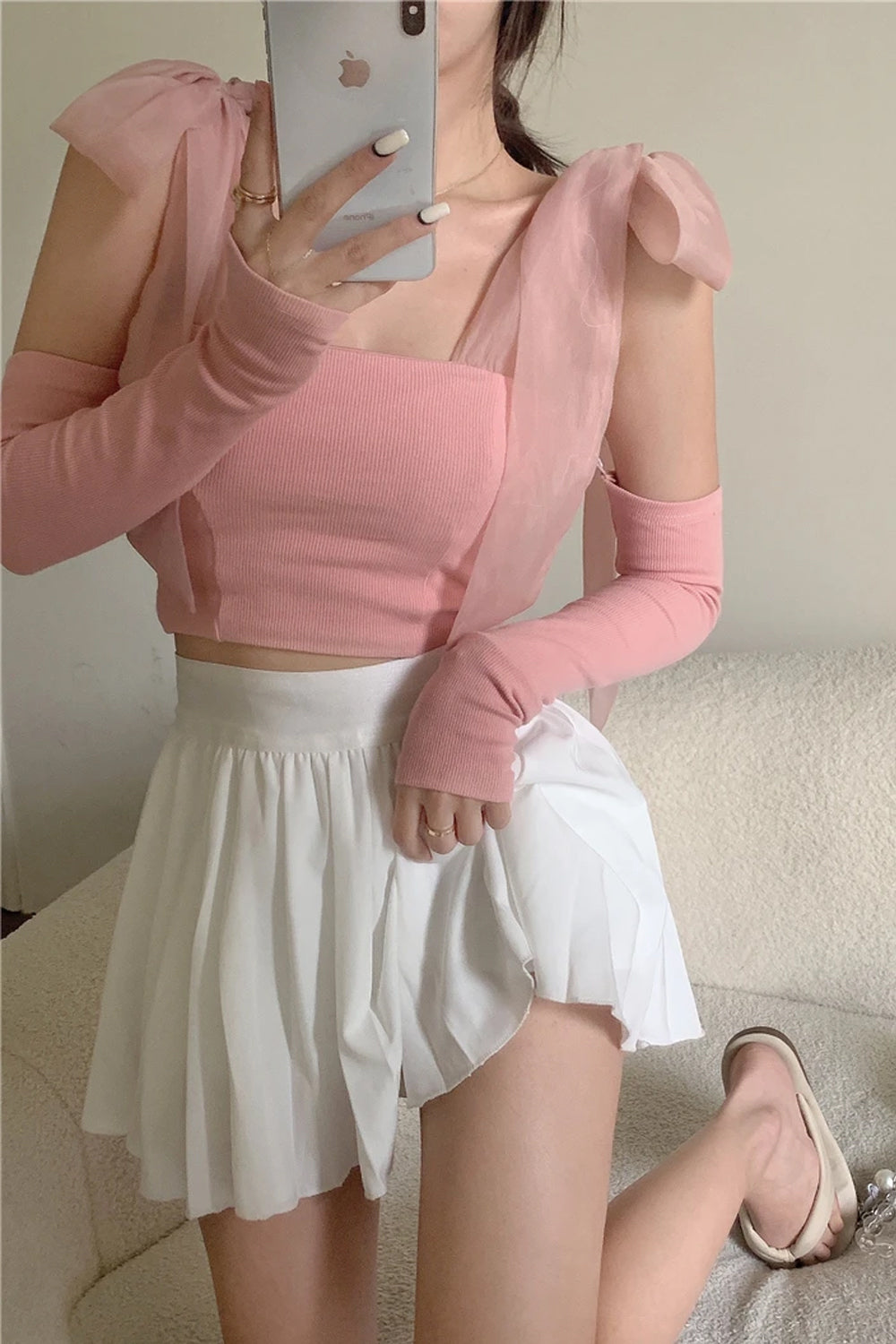 Detachable Sleeve Bow Knitted Cropped Tops