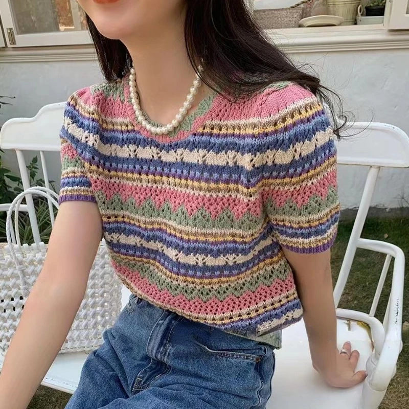 Striped Knitted Hollow Out Crop Shirts