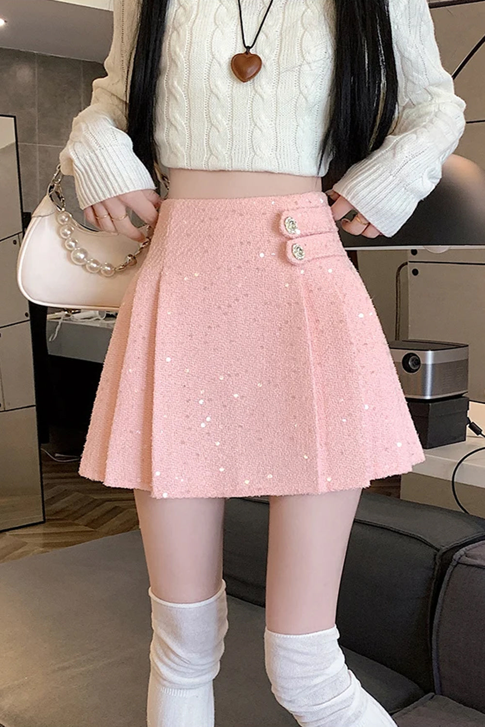 High Waist Sequined Pleated Mini Skirts