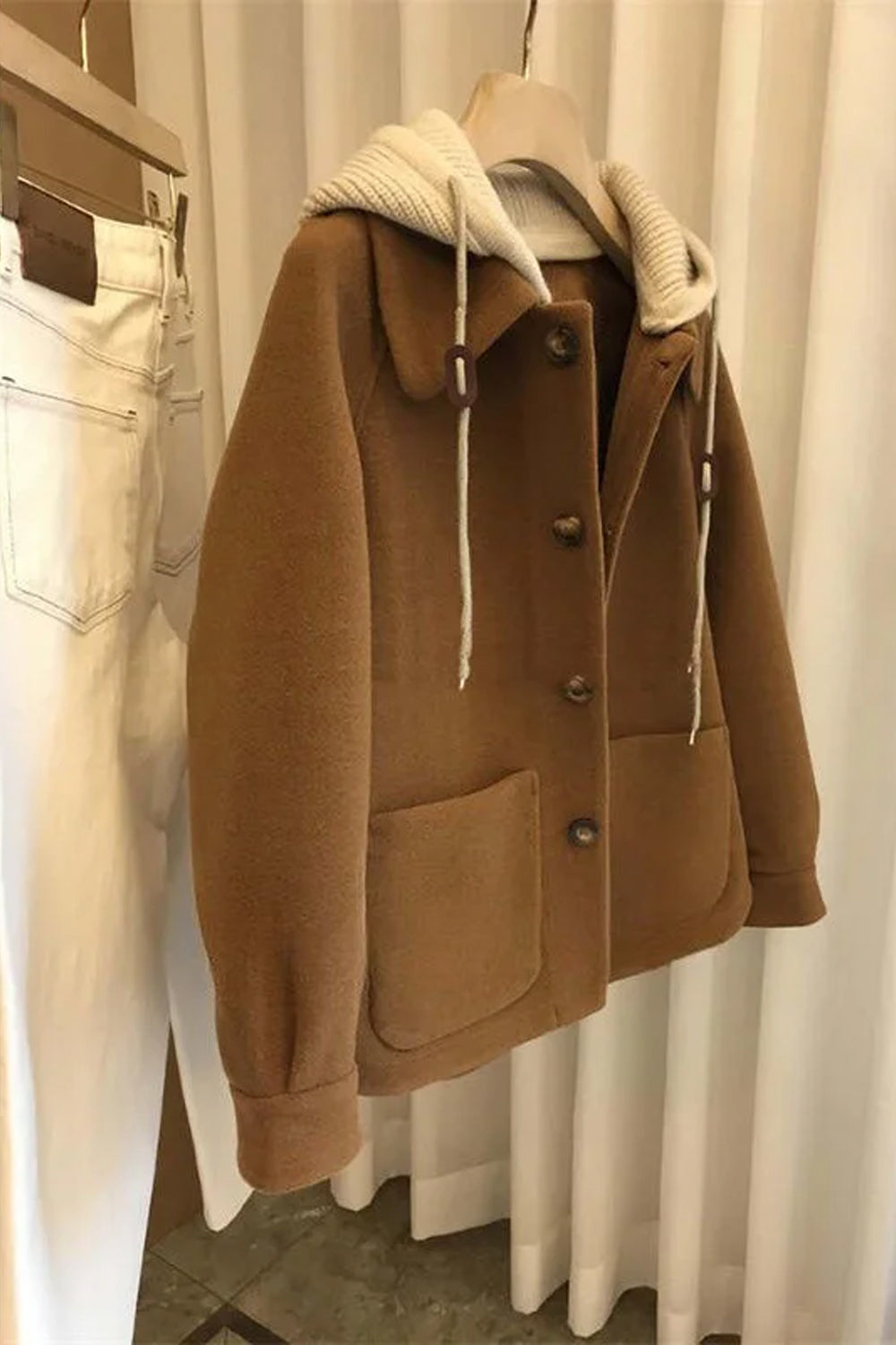 Hooded Stitching Woolen Coat