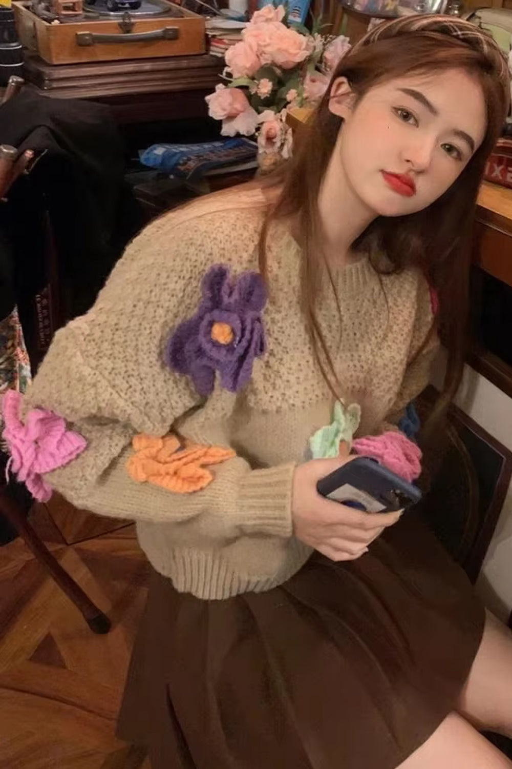 Casual 3D Flowers Knitted Sweater