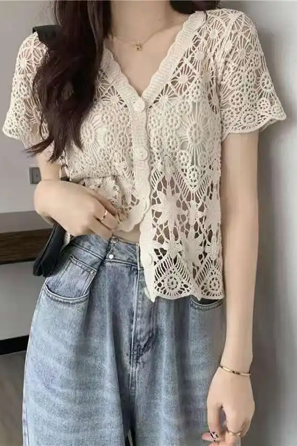 Sexy V-Neck Knitted Embroidered Lace Shirt