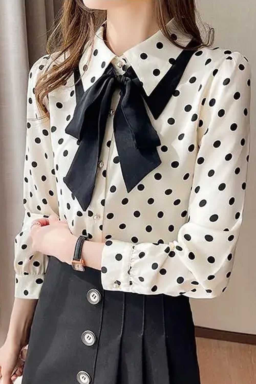 Long Sleeve Bow Style Polka Dot Pattern Blouse Shirt