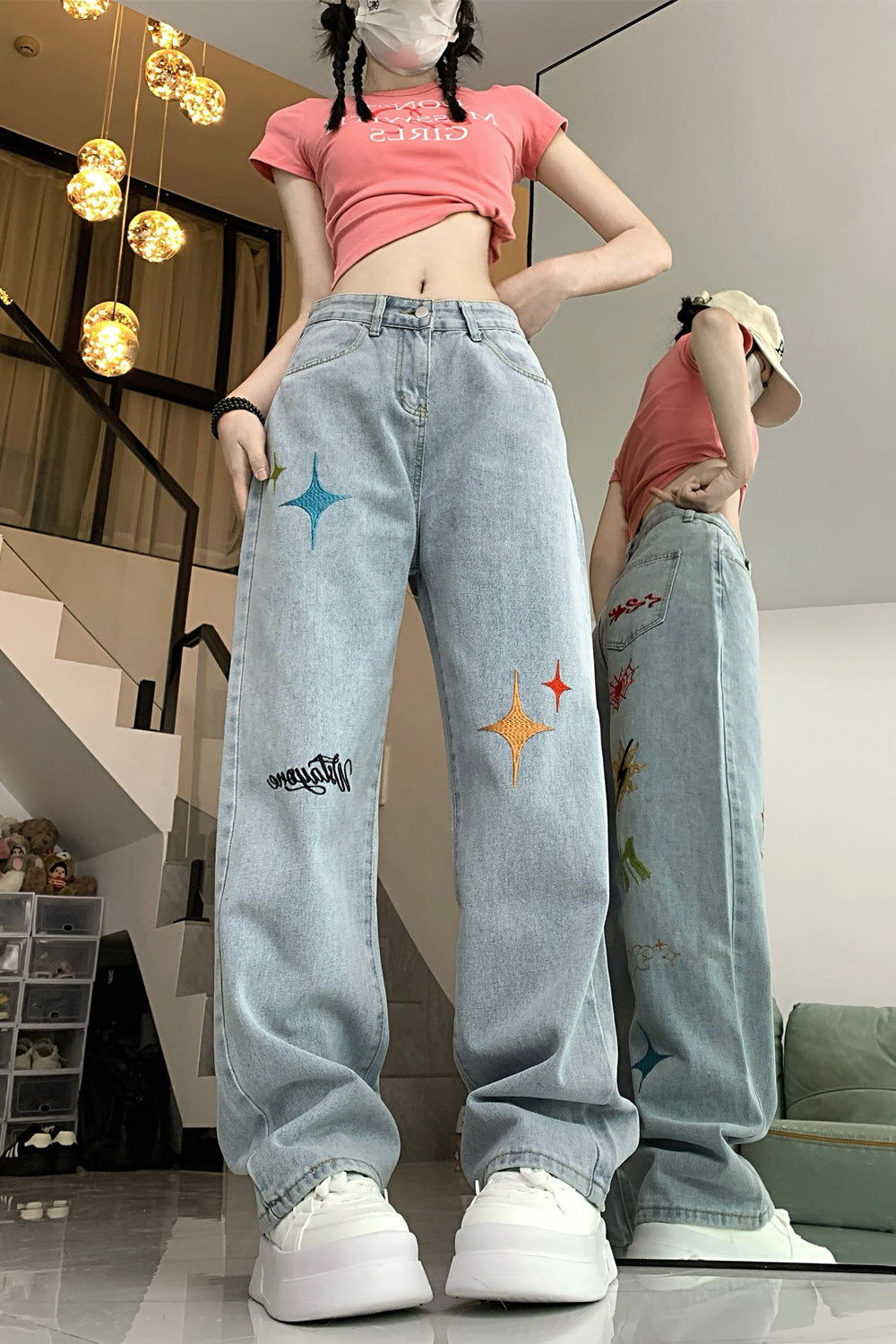 High Waist Trendy Embroidered Jeans Pants