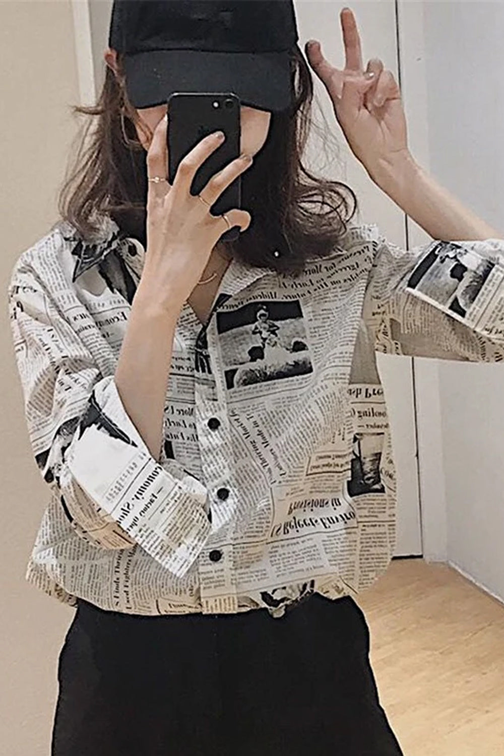 Long Sleeve Newspaper Pattern Casual Blouse Shirt