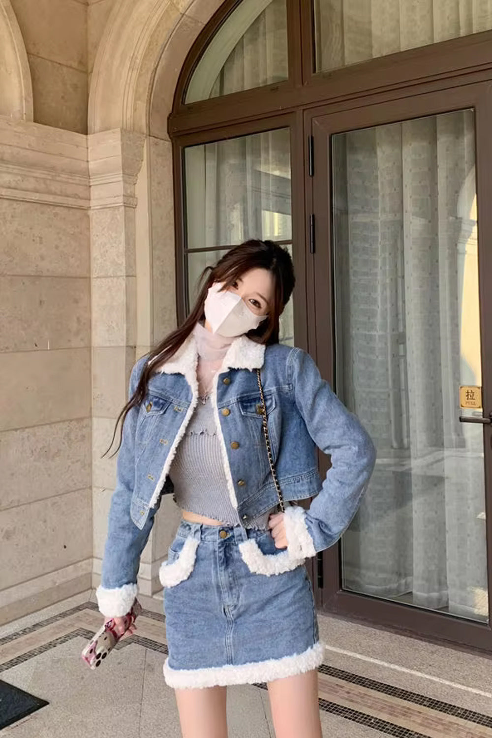 Two Piece Crop Denim Jacket With Mini Denim Skirt Outfit Set