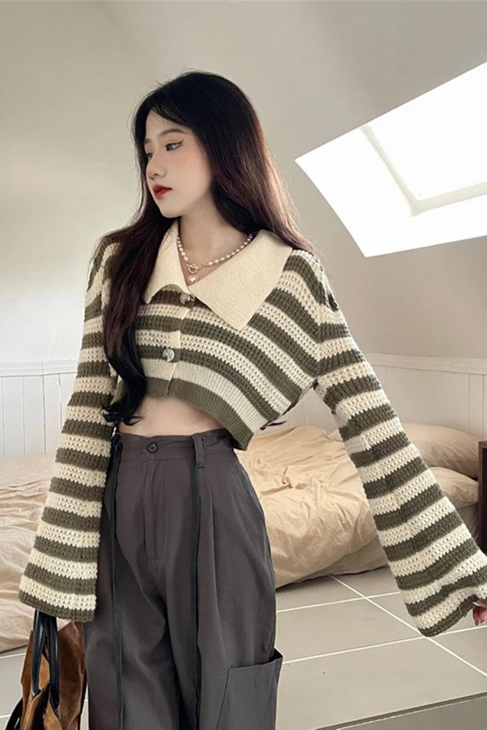 Striped Flare Sleeve Cropped Sweater