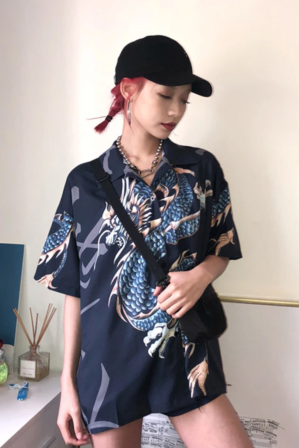 Short Sleeve Dragon Pattern Blouse Shirt