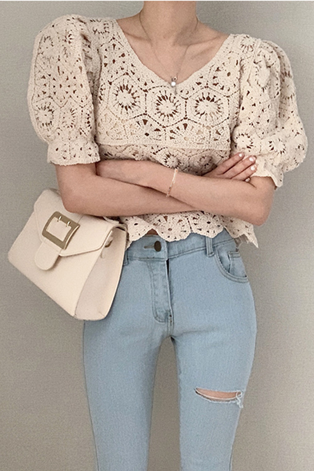 Puff Sleeve Hollow Out Lace Cropped Shirt