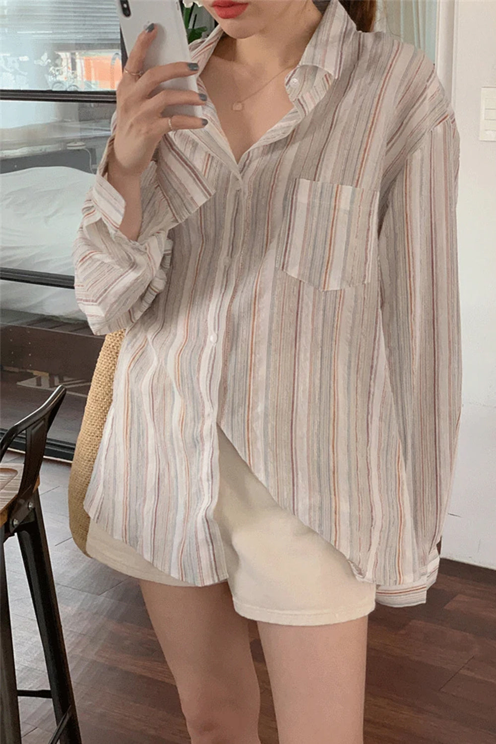 Long Sleeve Retro Striped Casual Blouse Shirts