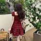 Puff Sleeve Cute Red Plaid Dress