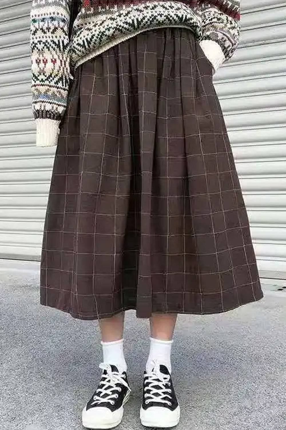 High Waist Loose A-Line Midi Plaid Skirts