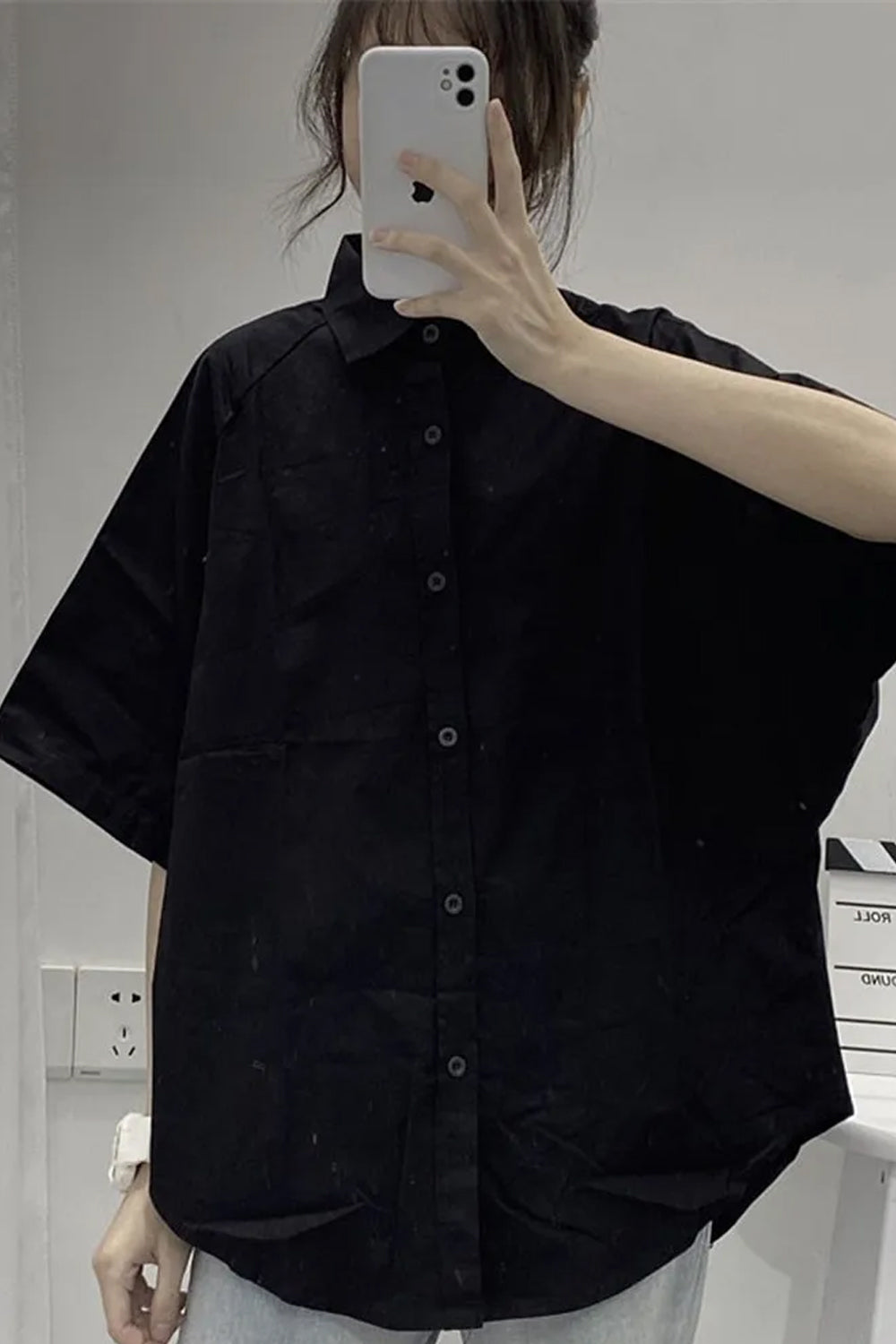 Loose Retro Solid Black Blouse Shirts