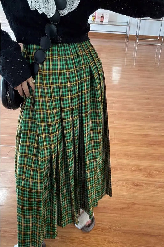 Vintage Green Plaid Office Long Skirt