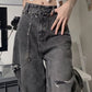 High Waist Ripped Dark Grey Long Jeans Pants