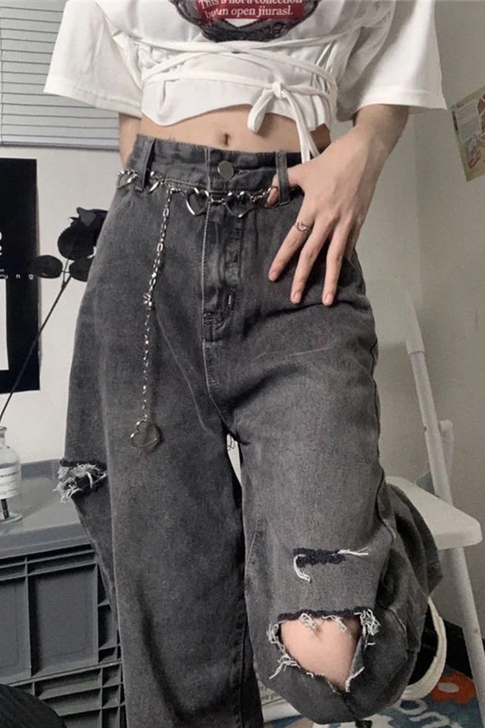 High Waist Ripped Dark Grey Long Jeans Pants