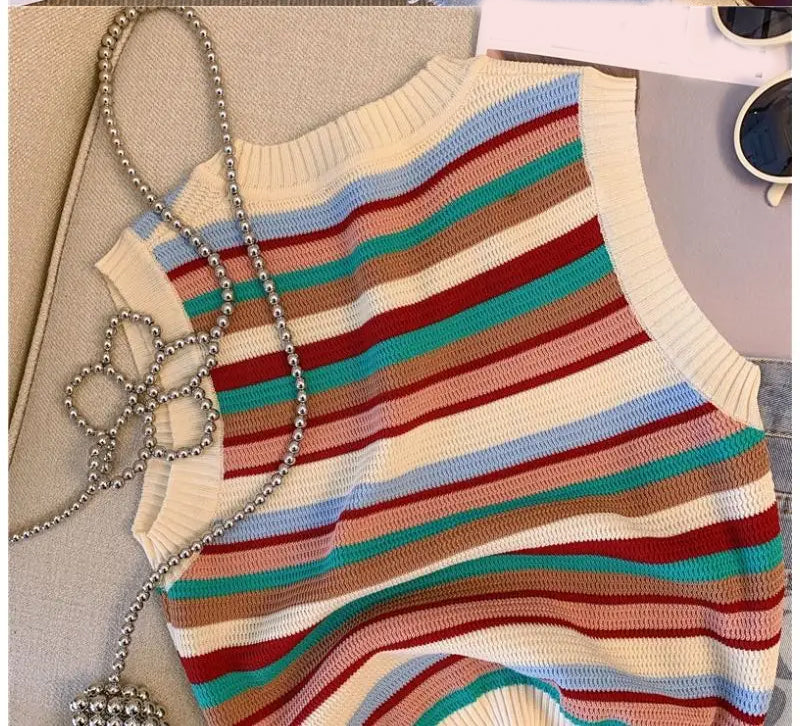 Colors Striped Sleeveless Knitted Vest Sweater