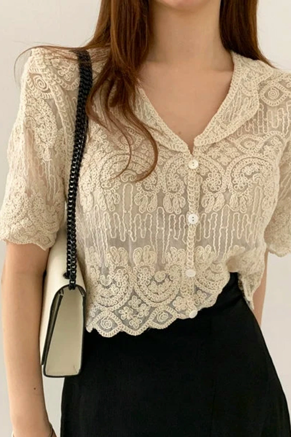 Short Sleeve Notched Style Lace Embroidered Shirt