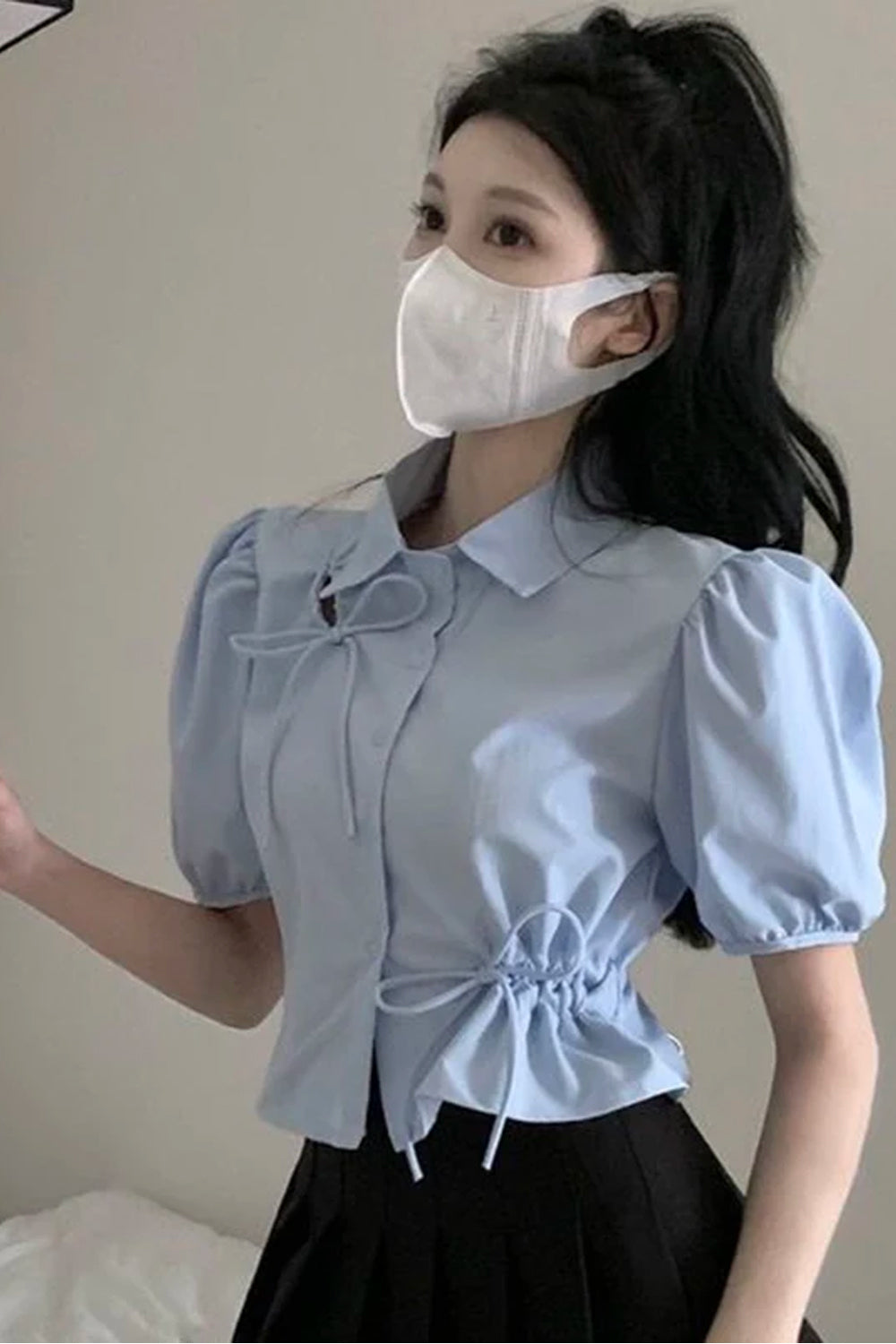 Puff Sleeve Drawstring Tie Blouse Shirt