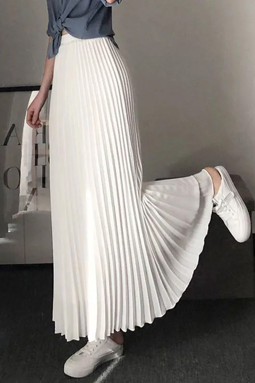 High Waist Solid Colors Long Pleated Skirts