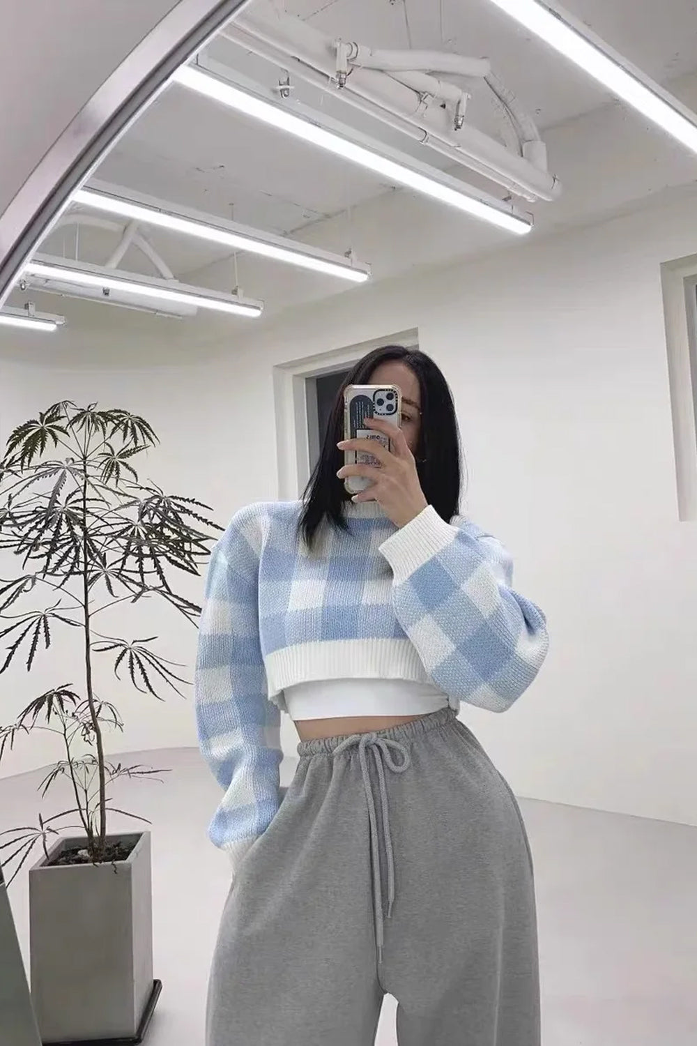 Long Sleeve Checkerboard Knitted Cropped Sweater