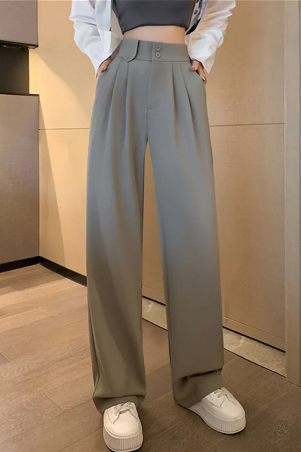 High Waist Loose Basic Colors Office Long Pants