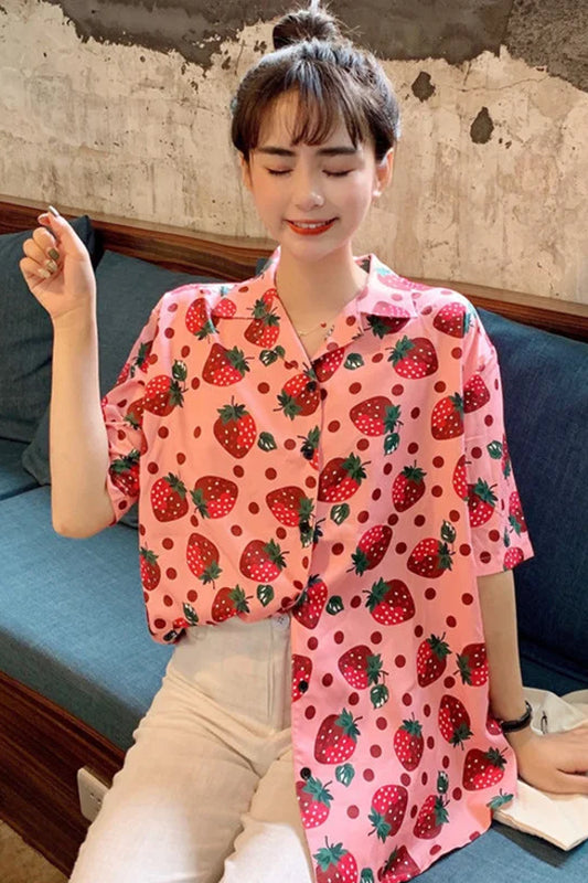 Short Sleeve Strawberry Full Printed Blouse Shirts