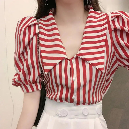 Puff Sleeve Cute Bow Collar Striped Office Blouse Shirts