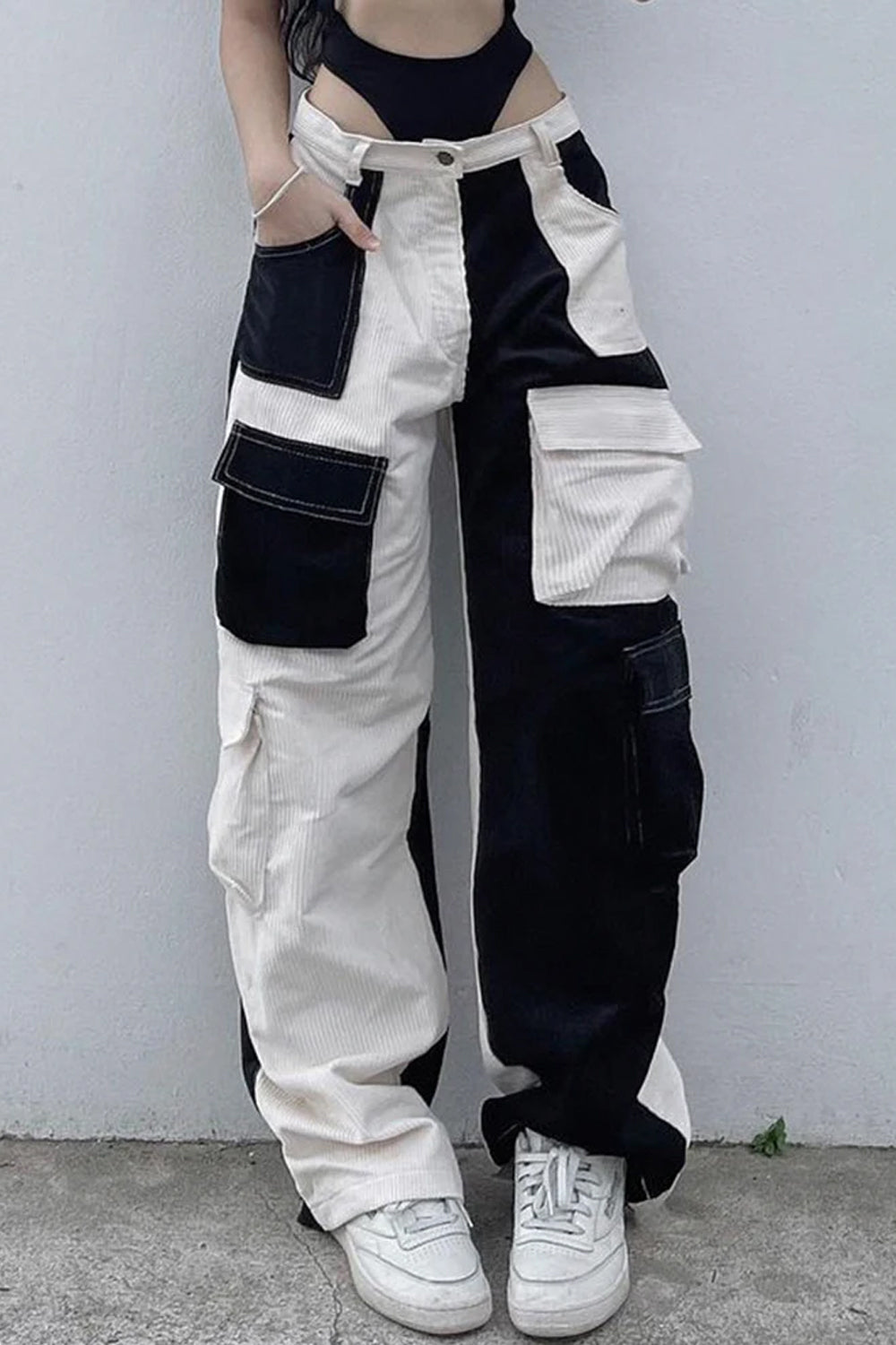 Two Colors Patchwork Corduroy Long Pants