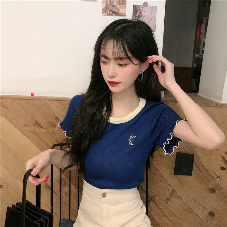 Cute Rabbit Embroidery Slim Shirt